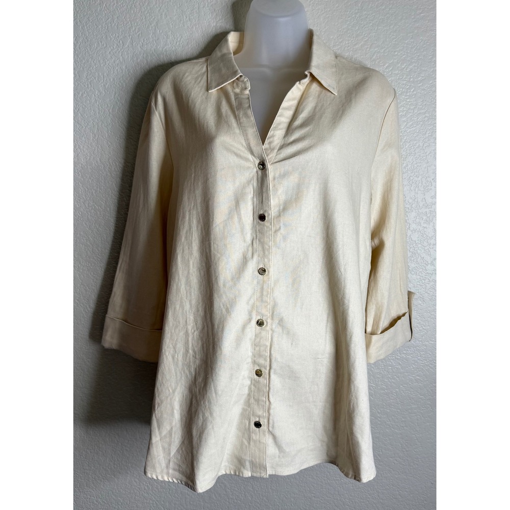 Anne Klein Womens Large Button Down Shirt Crema Linen Blend Chic Office NEW